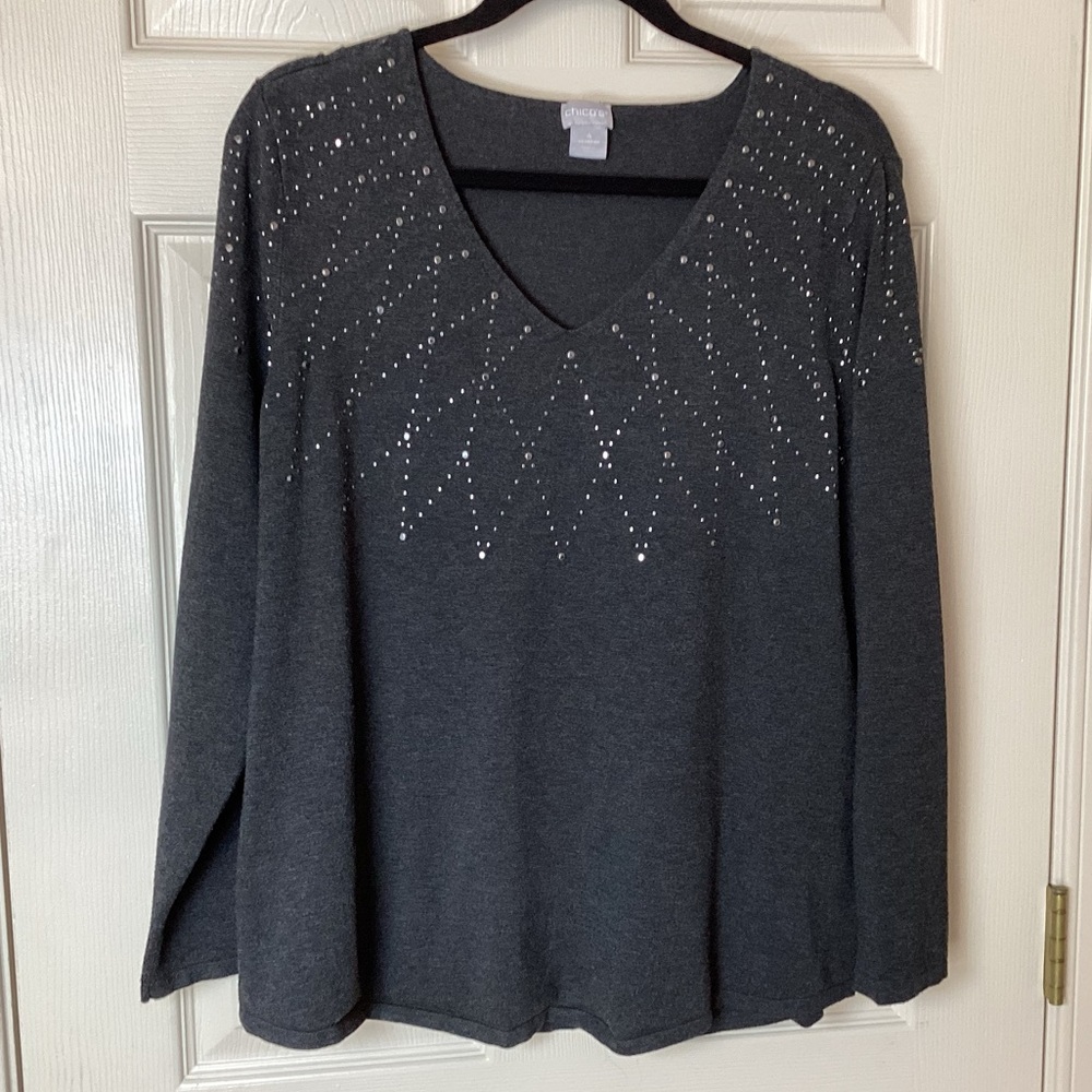 Chico's Charcoal Gray V-Neck Long Sleeve Sweater Studded Accents - XXL/Chico’s 4